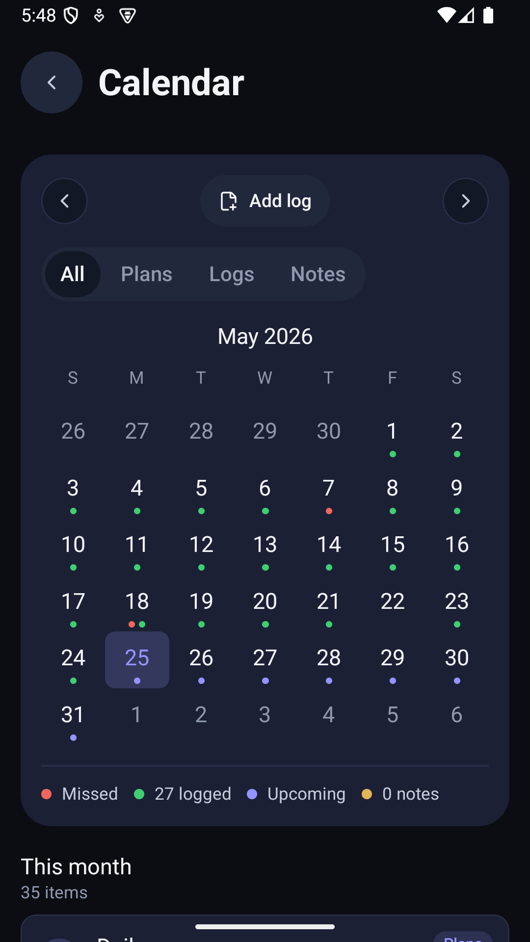 Calendar view showing logged, missed, and upcoming doses across May 2026