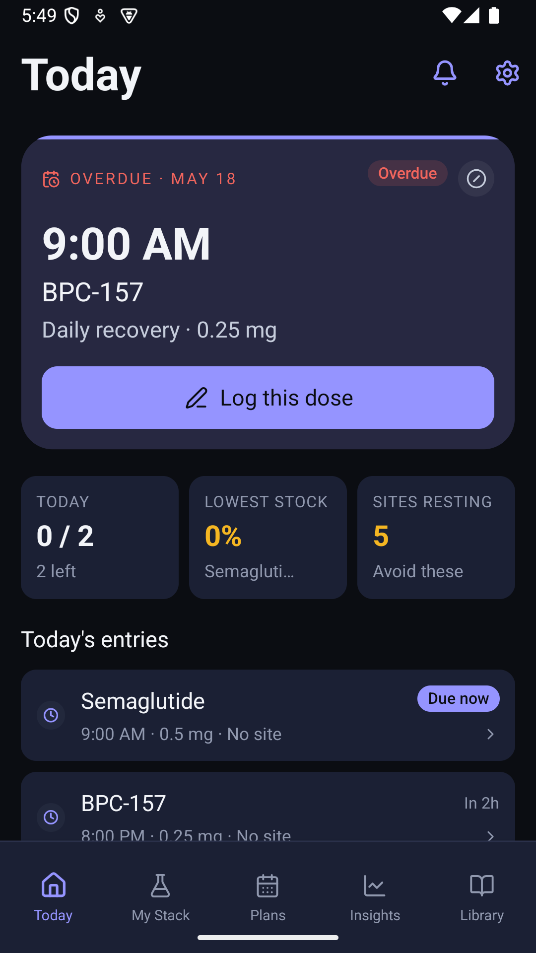 Today dashboard with an overdue dose, inventory summary, and the day's entries